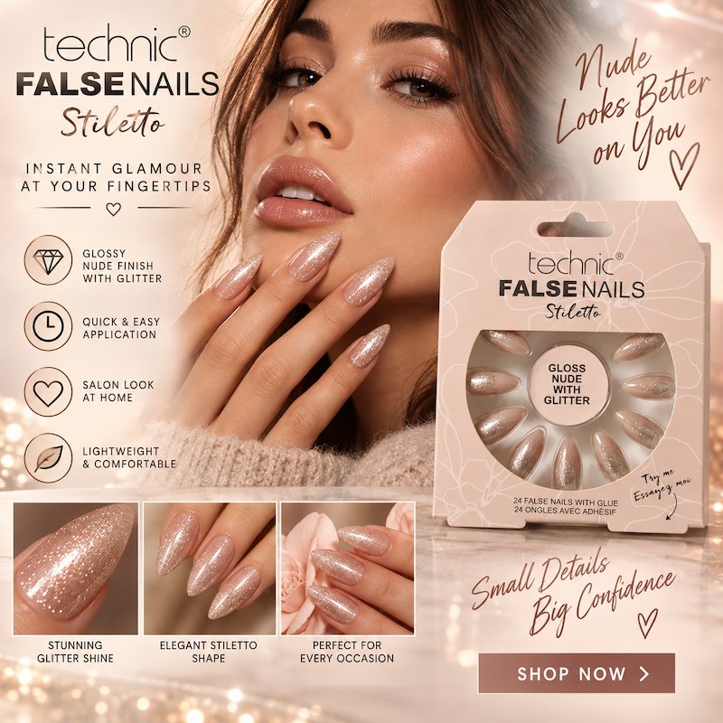 Technic False Nails With Glue – Stiletto Gloss Nude With Glitter