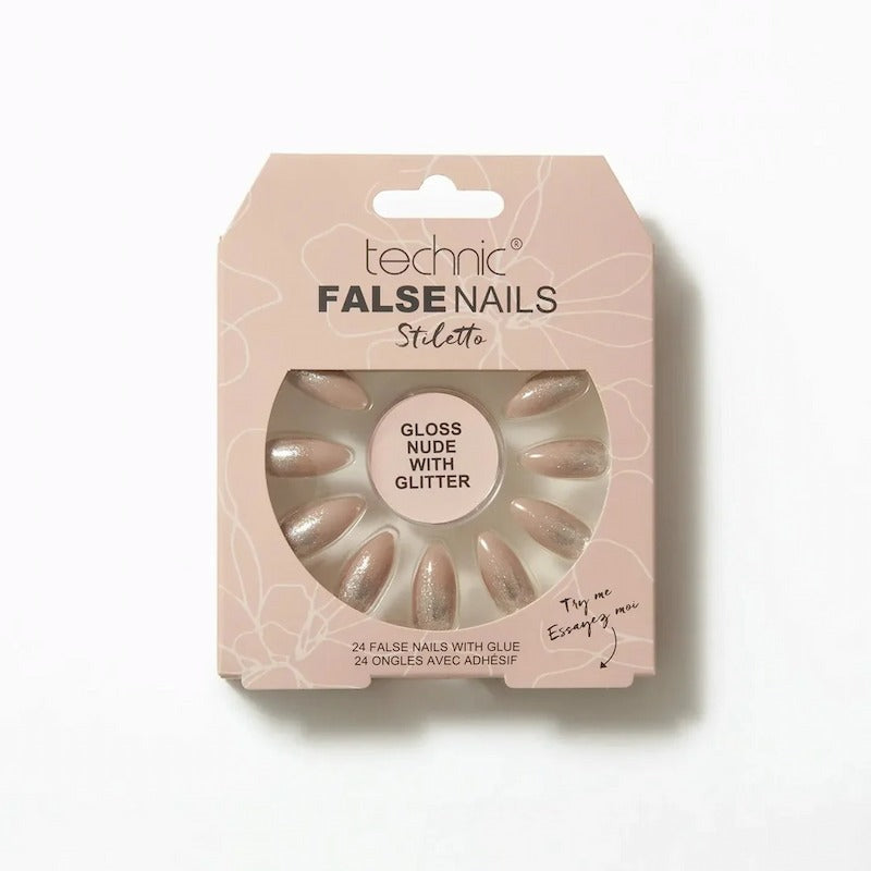 Technic False Nails With Glue – Stiletto Gloss Nude With Glitter